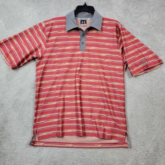 Under Armour Performance Polo Mens Small Red Golf Loose Striped Stretch‎ - Picture 1 of 10